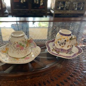 Two Vintage Formalities by Baum Bros porcelain butterfly demitasse teacup saucer